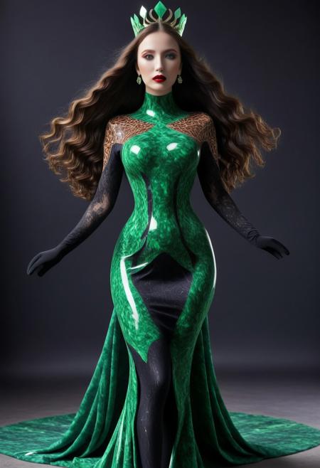 Obsidian Jade Stylecodeand, jade crown, red gloves, Realism_Quality_2xx_By_Stable_Yogi, cathedral, outdoors, standing, 1woman, solo, rearview, long hair,  one eye covered by hair, eyeliner, gorgeous lips, tights, large breasts, covered breasts, cinematic, (masterpiece), (best quality), (ultra-detailed), very aesthetic, detailed eyes, perfect eyes, freckles, aloof, <lora:Ch0w13nunPXL:0.5>  wide dress, long dress, key visual, pixiv fanbox, skeb, (masterpiece:1.1), black footwear, cross, thigh high, small waist, fitness body, wide hips, oval face, 32 years old, covered body,  milf, hourglass figure, censored, pattern_dress, PG, <lora:EllenXL:1>, beautiful high-neck top, fully dressed.