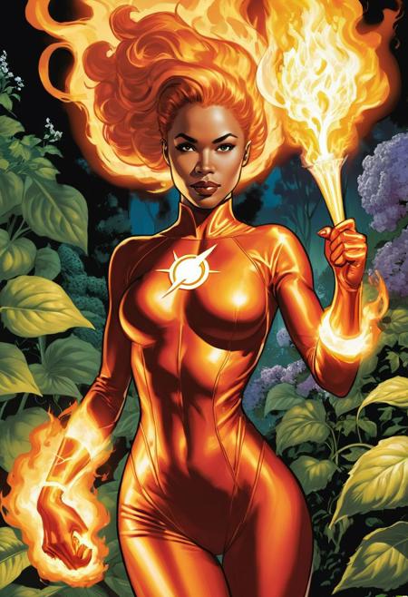 (art definition The powers of The Human Torch-The Human Torch Woman: The Fantastic Four Style:0.9), with the same stretching powers of Johnny Storm (artist design by Marvel Universe:1.1), (kind young lightskin biracial feminine woman as lowly prostitute, character maiden of light, magical prowess, glowing auras, pristine skin, detailed bright pupils, supple body:1.4), (in a garden with her girlfriends:1.5), (change pose each iteration:2)