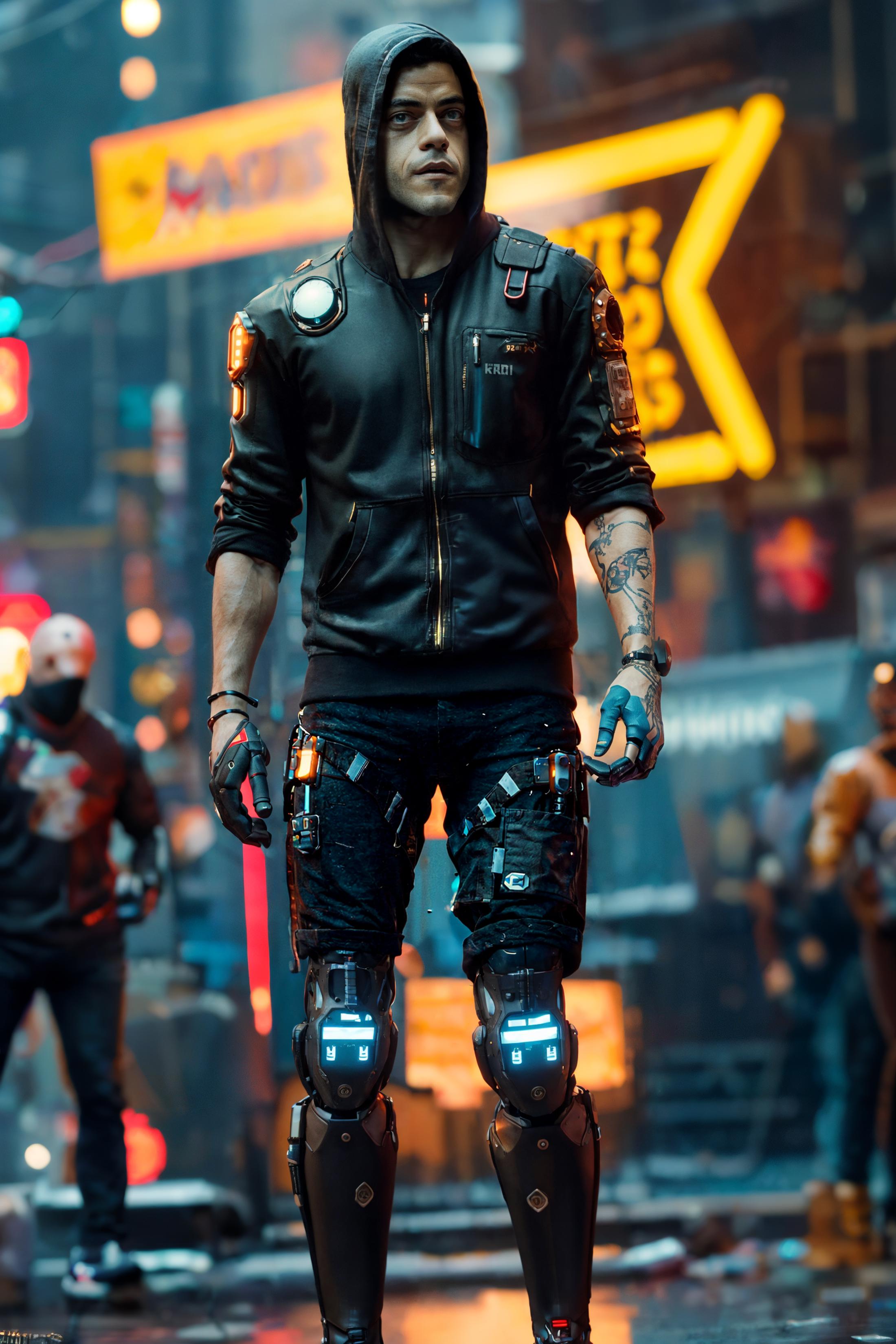 A man wearing a black jacket and cybernetic legs in a futuristic setting.