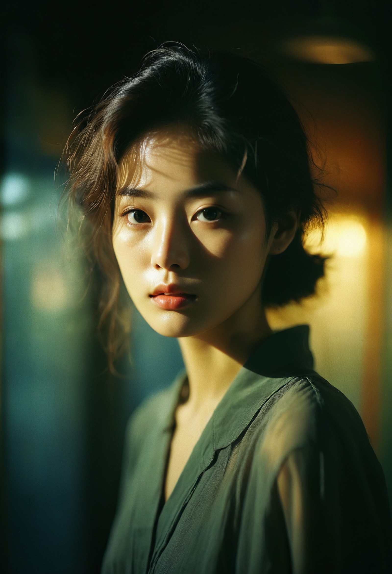 RAW photograph, a mysterious Korean woman, beautiful, flat lighting, cinematic lighting, F/1.8, dark hue, short exposure, ...