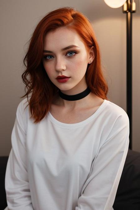 raw photo,  (25yo redhead girl:1.2), makeup, graphic eyeliner, rouge, (choker:0.9), realistic skin texture, oversize shirt, (red:0.8), softcore, warm lighting, cosy atmosphere, instagram style