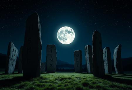 high quality, high resolution photo. night time scene with a full moon illuminating ancient standing stones. The layout is centered on the moon, which is framed by the tall, weathered stones. The stones are engraved with faintly luminous runes and they cast shadows on the grassy ground. The sky is dark with scattered stars and galaxies, and on the horizon distant forests and mountains. The overall atmosphere is one of magic and mystery , with the moonlight providing an eldritch atmosphere to the scene.