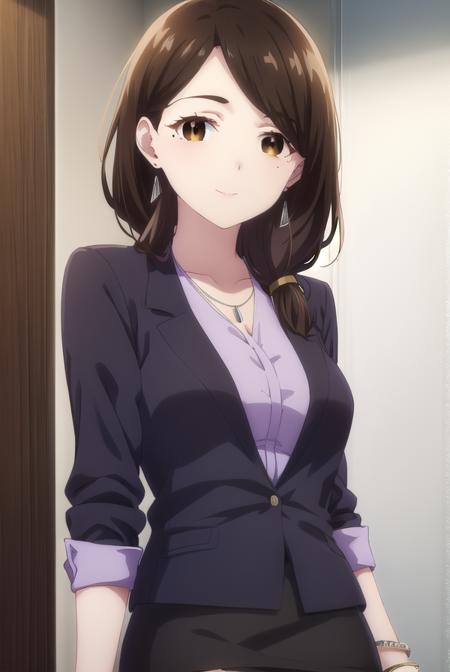 airigotou, <lora:airi gotou s1-lora-nochekaiser:1>,
airi gotou, long hair, brown hair, (brown eyes:1.5), braid, mole, mole under eye, hair over shoulder, mature female, smile,
BREAK skirt, shirt, jewelry, jacket, pantyhose, black skirt, necklace, black footwear, high heels, bracelet, black jacket, side slit, pencil skirt, purple shirt, office lady,
BREAK indoors, office,
BREAK looking at viewer, (cowboy shot:1.5),
BREAK <lyco:GoodHands-beta2:1>, (masterpiece:1.2), best quality, high resolution, unity 8k wallpaper, (illustration:0.8), (beautiful detailed eyes:1.6), extremely detailed face, perfect lighting, extremely detailed CG, (perfect hands, perfect anatomy),