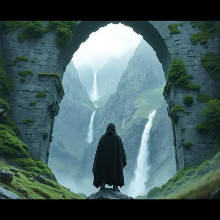 Surreal, fantasy-style image featuring a large, ancient, weatherworn stone archway covered in patches of green moss and vegetation. The archway is set against a dramatic, mountain landscape with steep cliffs and a waterfall in the background. In the foreground, a solitary figure dressed in a black cloak stands on a rock, facing away from the viewer, adding a sense of scale and contemplation to the scene. The overall color palette is muted with shades of green, gray, and white, creating a mystical and serene atmosphere.