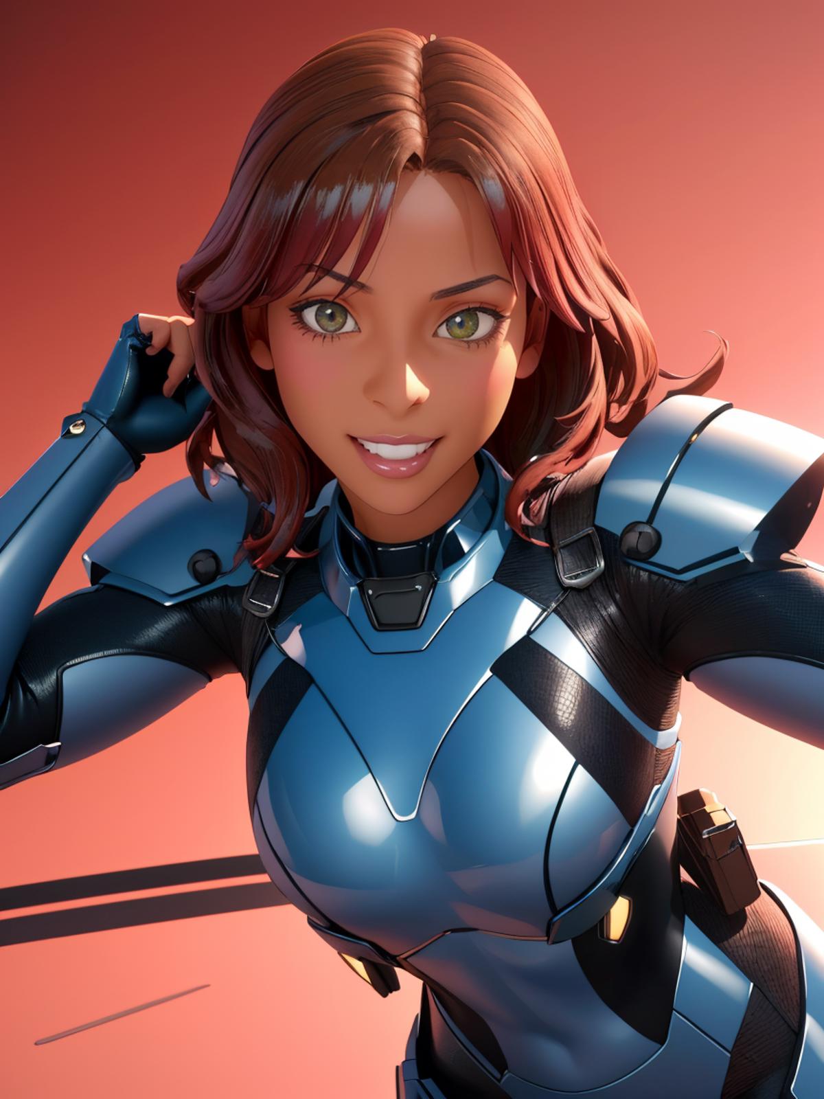 A cartoon woman with brown hair, wearing a blue outfit, posing confidently.