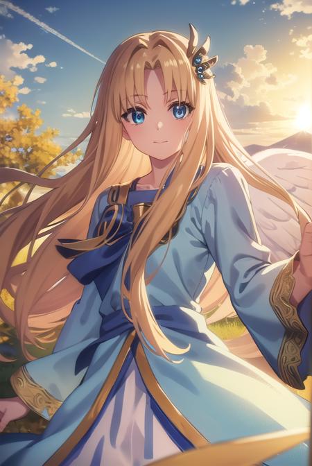 shieldfilo, <lora:shield filo s3-lora-nochekaiser:1>,
filo, long hair, bangs, blue eyes, blonde hair, hair ornament, ahoge, (parted bangs:1.5), hair intakes, smile,
BREAK long sleeves, dress, bow, wings, white dress, blue bow, feathered wings, white wings, bird wings,
BREAK outdoors, nature, forest, sun, sky, clouds, trees, grass, 
BREAK looking at viewer, (cowboy shot:1.5),
BREAK <lyco:GoodHands-beta2:1>, (masterpiece:1.2), best quality, high resolution, unity 8k wallpaper, (illustration:0.8), (beautiful detailed eyes:1.6), extremely detailed face, perfect lighting, extremely detailed CG, (perfect hands, perfect anatomy),