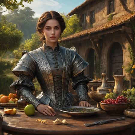 Create a medieval female character, 
standing, 
with an angular face, 
focused sharp and attractive, 
clear detailed and defined eyes and rich clean and shiny clothing, 
20K, 
3D, 
background of a country setting with an outdoor table with delicacies, 
hyper detail, 
highly detailed, 
fine detail, 
hyperrealistic, 
surrealism, 
ultra hd, 
realistic, 
vivid colors, 
perfect composition, 
beautifully detailed intricate insanely detailed octane rendering trending on artstation, 
8k art photography, 
natural volumetric cinematic, 
perfect light, 
chiaroscuro, 
award - winning photograph, 
masterpiece, 
oil on canvas, 
raphael, 
caravaggio, 
greg rutkowski, 
beeple, 
beksinski, 
giger