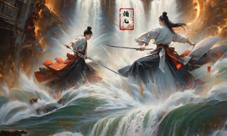 (dramatic, gritty, intense:1.4),masterpiece, best quality, 8k, insane details, intricate details, hyperdetailed, hyper quality, high detail, ultra detailed, Masterpiece,
2girlsholding weaponholding swordduelbattlemidairsingle hair bunblack hairlong hairhair bunlooking at another
outdoorswaterfallwater in the flowingwavessplashingHanfu(Real waterRealistic waterflowing water:1.5)ripples
A shot with tension(sky glows red,Visual impact,giving the poster a dynamic and visually striking appearance:1.2),Chinese Zen style,impactful picture,
<lora:~Q?-p^k{eWaterfall:1>