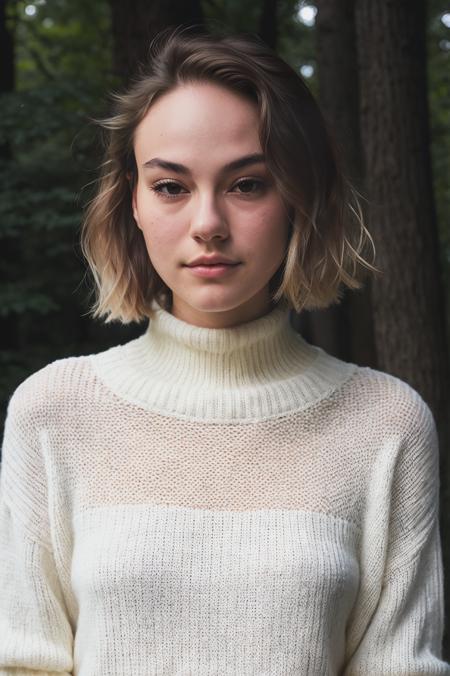 futurasilver12200v52, (closeup) Portrait of pretty young 18 year-old Caucasian woman wearing a (turtleneck sweater) outdoor in a forest with ((silver white hair) with bob cut) BREAK <lora:epi_noiseoffset2:1> BREAK (magazine cover:1.07), dainty diamond necklace BREAK (masterpiece, extremely detailed skin, photorealistic, heavy shadow, dramatic and cinematic lighting, key light, fill light), sharp focus, BREAK epicrealism,