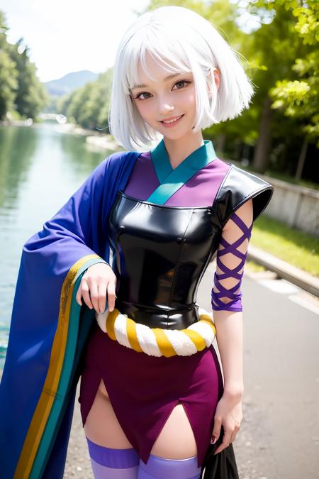 1girl,white hair,japanese clothes,heterochromia, purple thighhighs, 