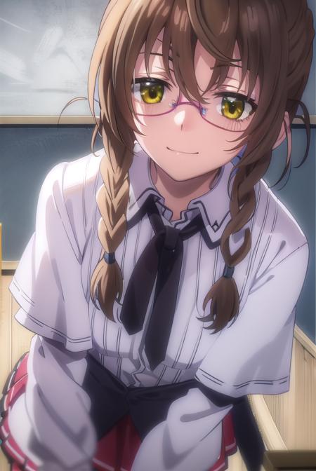 aikakiryuu, <lora:aika kiryuu anime s2-lora-nochekaiser:1>,
aika kiryuu, long hair, brown hair, (green eyes:1.5), braid, glasses, twin braids, smile,
BREAK shirt, ribbon, school uniform, white shirt, black ribbon, neck ribbon, capelet, black capelet, long sleeves, skirt, red skirt,
BREAK indoors, classroom,
BREAK looking at viewer, (cowboy shot:1.5),
BREAK <lyco:GoodHands-beta2:1>, (masterpiece:1.2), best quality, high resolution, unity 8k wallpaper, (illustration:0.8), (beautiful detailed eyes:1.6), extremely detailed face, perfect lighting, extremely detailed CG, (perfect hands, perfect anatomy),