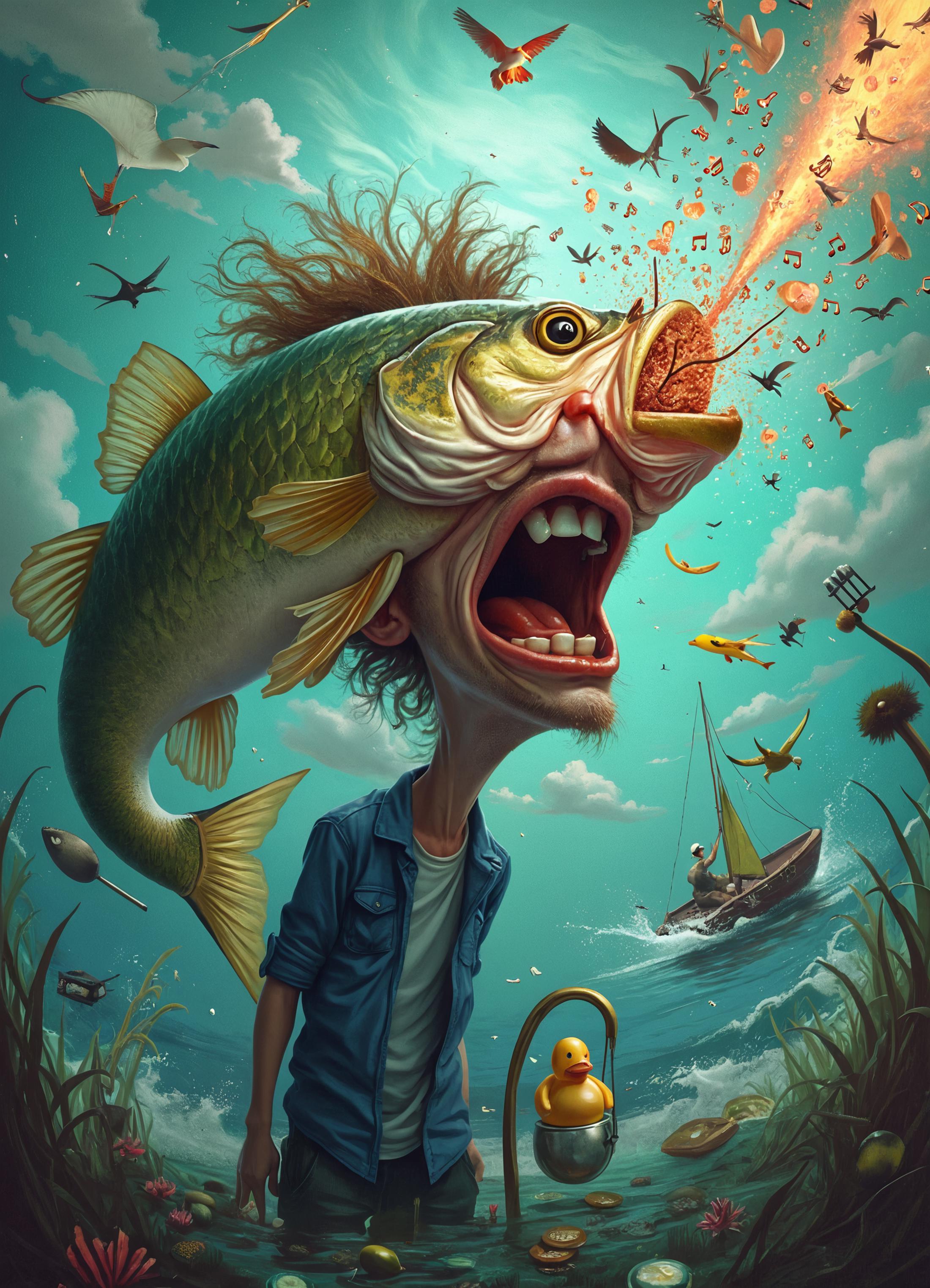 Surreal scene of a man being comically struck by an oversized, airborne bass fish. The fish, scales glistening and fins splayed dramatically, impacts the man's face with cartoonish force. The man's features are exaggeratedly distorted, his cheek rippling outward like a shock wave. His eyes bulge comically, one eye squished nearly shut while the other pops wide open in surprise. His nose bends impossibly to one side, nostrils flaring. The man's mouth contorts into a lopsided "O" of shock, with lips stretching elastically.
The impact creates a splash-like effect, but instead of water, tiny, colorful music notes explode outward, suggesting the "bass" pun. The man's hair stands on end, defying gravity and swirling in the direction of the fish's momentum. Small objects from the man's pockets - keys, coins, a rubber duck - float surreally around him, caught in the absurd moment of impact.
The background is a swirling vortex of underwater and above-water elements: bubbles, seaweed, and fragments of fishing lures blend with clouds, birds, and floating musical instruments. A distant, tiny fisherman in a boat watches the scene unfold, his mouth agape in disbelief.
The overall style is hyper-detailed yet cartoonishly exaggerated, with vibrant colors and impossible physics. The lighting dramatically highlights the point of impact, creating a halo effect around the fish and the man's distorted face.