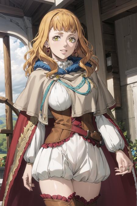 ((best quality)), ((highly detailed)), masterpiece, ((official art)), detailed face, beautiful face, (detailed eyes, deep eyes), beautiful mimosa vermillion,orange hair, red cape, capelet, turtleneck sweater, corset, thighhighs,thigh boots, earrings, smile, looking at viewer, window,  light smile, scenery,intricately detailed, hyperdetailed, blurry background,depth of field, best quality, masterpiece, intricate details, tonemapping, sharp focus, hyper detailed, trending on Artstation,1 girl, high res, official art