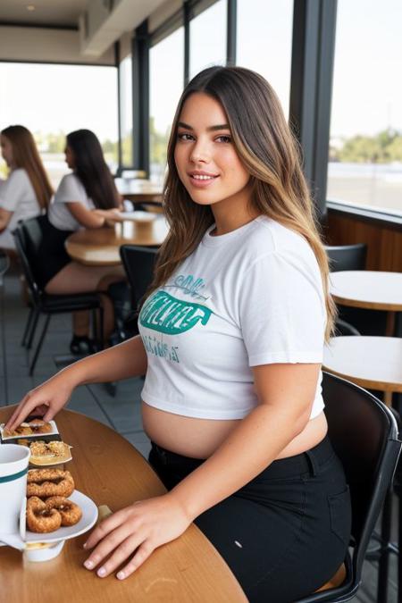 side view beautiful thick bbw obese blonde girl sitting in a booth at a donut shop, (flat chest:1.2), tight clothes, undersized dolphin shorts, crop tee shirt, (eating lots of sprinkled donuts), hands resting on her stomach, sitting at a table, (buffet:1.2), stacked plates on the table, shirt stained with greasy food
(plump:0.9), love handles, stuffing herself, large round stomach, (huge round gut),
digital illustration, trending on artstation, realism, (best quality, masterpiece, [insanely detailed], intricate:1.2), absurdres, [ultra detailed], [sharp focus], [high definition] <lora:plump-strong:1.5>, pretty face, nose, lips, beautiful eyes, (MarlaNobodySD15), smiling, Fat Rolls:1.2, blonde hair:0.7, gigantic fat belly:1.1