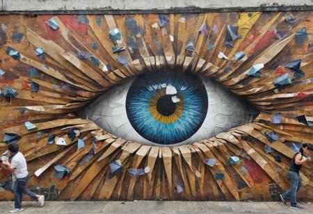 Graffiti style origami style ((Several people are trying to enter a large eye)), . paper art, pleated paper, folded, origami art, pleats, cut and fold, centered composition . Street art, vibrant, urban, detailed, tag, mural