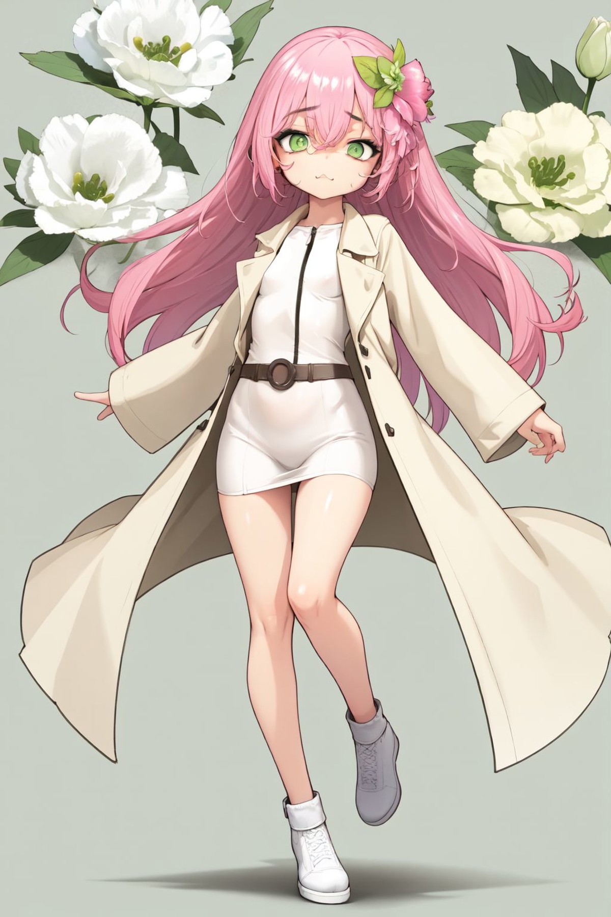 full body, solo, 1girl, hungry, pink hair, hair between eyes, green eyes, beige trench coat, Lisianthus \(flower\), floral...