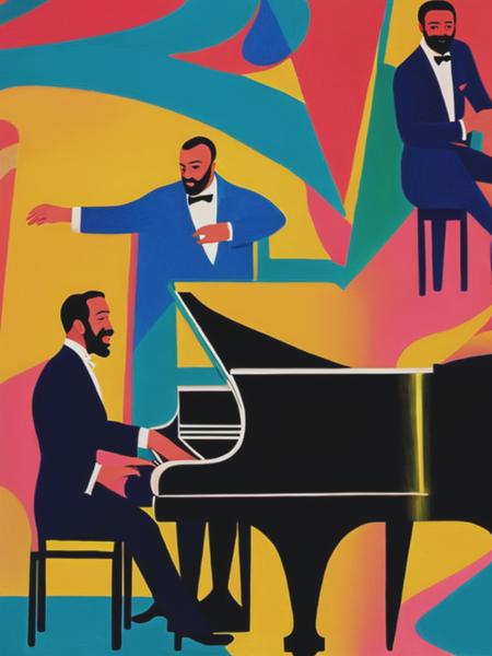 <lyco:RomareBearden:1.0> concert poster of a jazz band with a pianist and two musicians in Henri Matisse style