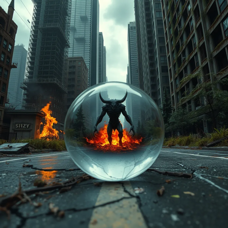 score_9, score_8_up, score_7_up,cinematic photo a post apocalyptic city,fallen skyscrapers, (windows are all broken:1.7), rusted rebar sticks from the fallen towers
everything is overgrown with moss and grass
trees are breaking through the cracked and broken glass of the roads, demon in the middle of the fire
cat eye view through a glass ball lying on the road, 40mm photograph, film, professional, 4k, highly detailed,

 digital art, digital art, ultra detail,

In the style of anime studio kadokawa,., Realistic, good lighting, dramatic,. 
