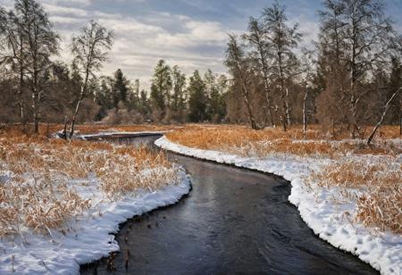a small (calm) stream running through a snow-covered field, an Orthodox church, a painting by Ivan Shishkin, flickr, beautiful Russian nature, on flickr in 2003, with trees and rivers ((illuminated by the bright sun)), warm spring, cold winter color temperature, warm glow, photorealistically beautiful, high detail, 
super detailed, high resolution, award-winning photo taken on Nikon D750, colorful, large depth of field <lora:landscapeRealistic_v20WarmColor(1):1>