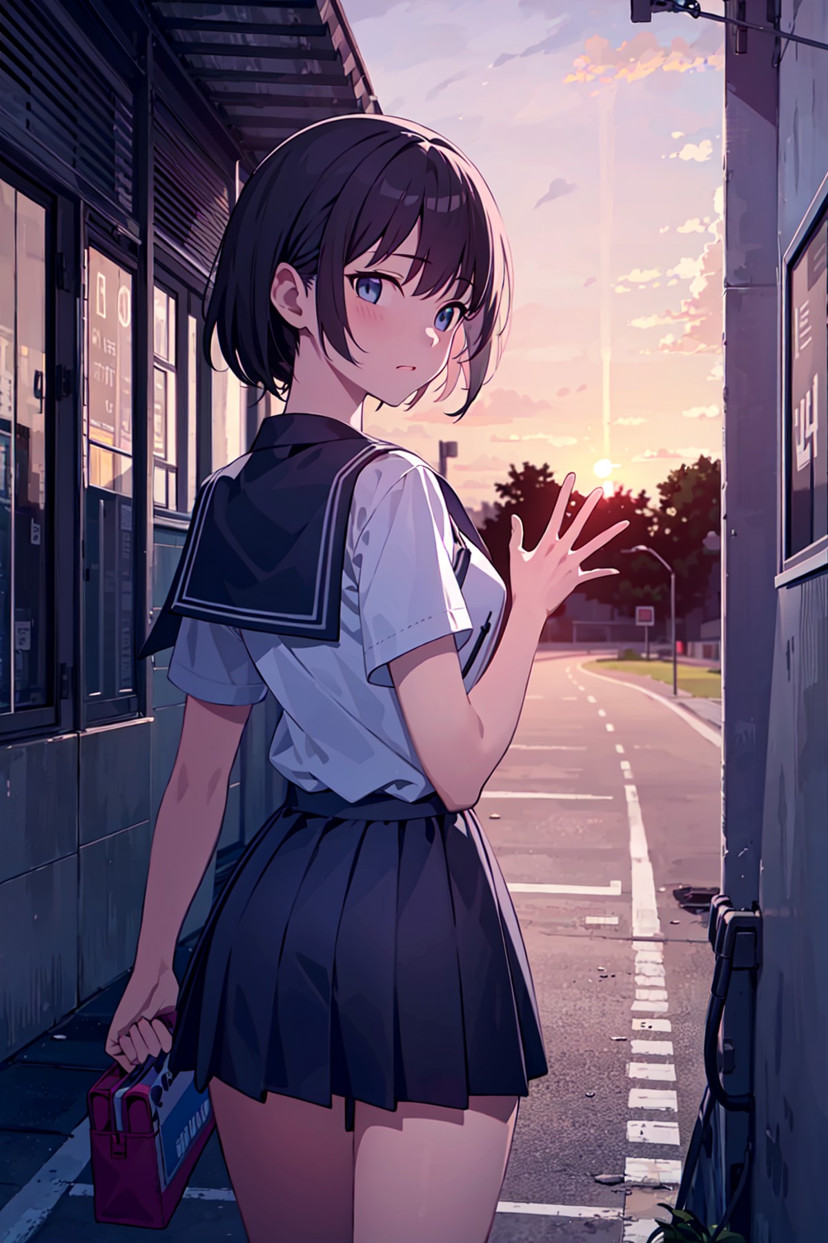 (best quality,masterpiece:1.3), 1girl, school,track, looking back,waving, early evening, sunset, holding bag,back of hand,...