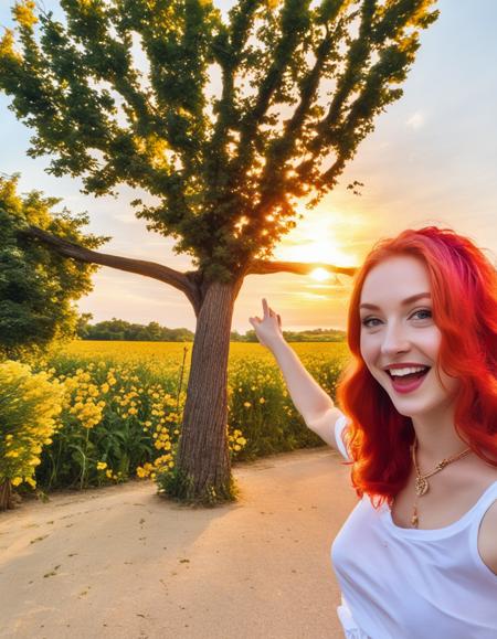 masterpiece, best quality, photo of two gorgeous pale american cute girls pointing at a sign nailed to a tree, the girl on the right is pointing at the white sign that says "POG", the girl on the left is wearing a white top and has surprised expression on her face, a sunset in the sky, smiling, bare shoulders, (crop top), red hair loose braided hair, short polca skirt, lean against a tree, field, flowers smiling, perfectly symmetrical face, detailed skin, elegant, alluring, attractive, amazing photograph, masterpiece, best quality, 8K, high quality, photorealistic, realism, art photography, Nikon D850, 16k, sharp focus, masterpiece, breathtaking, atmospheric perspective, diffusion, pore correlation, skin imperfections, DSLR, 80mm Sigma f2, depth of field, intricate natural lighting, looking at camara <lora:sdxl_wojakpoint_v5-step00004200:0.8>