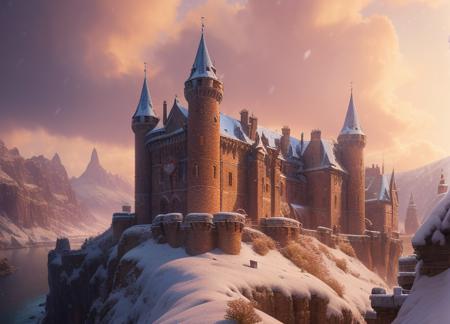 (extremely detailed CG unity 8k wallpaper), ((full shot photo of the most beautiful artwork of a medieval castle with surrounding village, in winter in a valley)), ((snow falling)), ((gorgeous cloudy sky)), ((Oil Painting)), ((Painterly)), ((GoT inspired)), nostalgia, (professional majestic oil painting by Ed Blinkey, Atey Ghailan, Studio Ghibli, by Jeremy Mann, Greg Manchess, Antonio Moro, trending on ArtStation, trending on CGSociety, Intricate, High Detail, Sharp focus, dramatic, photorealistic painting art by midjourney and greg rutkowski)