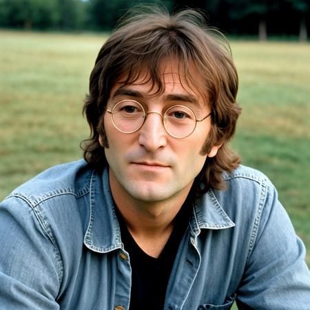 instagram photo, closeup photo of john lennon in a beautiful landscape, (smile:0.4), hard shadows