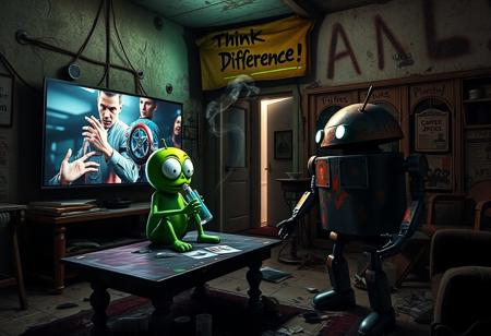 "In a grimy, dilapidated Florida crackhouse, a cartoonish green apple with exaggerated eyes and twisted limbs faces off against the iconic Android logo robot. The apple, seated on a stained coffee table, clutches a meth glass pipe, from which acrid smoke billows, filling the dank air.
The massive OLED TV mounted on the wall casts a harsh, flickering light, illuminating the disturbing scene. The TV plays an unnervingly vivid Apple commercial, its bright visuals creating sharp, unsettling shadows. The room’s walls are covered in grime and graffiti, with peeling wallpaper and broken fixtures. The floor is littered with trash, broken furniture, and empty cans.
The Android robot, with a rusted, dented exterior and malfunctioning eyes, stands in a defensive stance with twitching antennae. Above the TV, a warped cardboard sign with 'Think Different!' hangs crookedly. The sign’s jagged lettering is backlit by flickering LEDs, casting eerie shadows on the peeling walls.
The air is thick with mildew, decay, and the sharp smell of meth smoke. The green apple’s glossy skin and the Android’s grimy, rusted body are harshly illuminated by the flickering light, intensifying the bizarre and unsettling confrontation in this derelict, drug-ridden setting."