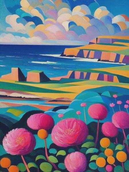 <lyco:AndreDerain:1.0> 102395. A painting by Andre Lhote. A painting of striking sea pinks, or thrift, along the coastal cliffs of Orkney combines Cubist and Fauvist styles to showcase the captivating beauty of these resilient flowers. The composition utilizes bold shapes and a palette of vivid pinks, blues, and greens, highlighting the contrast between the delicate blossoms and the dramatic, windswept landscape.