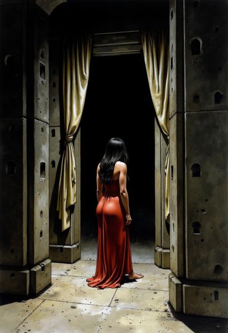 an illustration of a woman by Serpieri, the woman is standing in a room with concrete walls and hanging curtains, dark background, mysterious and ominous