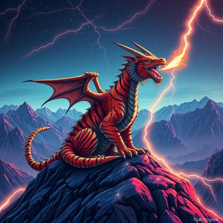 A tiger-striped dragon sitting on a mountain-top. Orange and black stripes.  Two horns.  Dragon Wings. Roaring.  Breathing fire.
Background mountains at night. Cosmic skyscape.  Synthwave colorscheme. Very realistic, fantasy illustration.
with the phrase "Trapper Keeper" emblazoned in 3D, intricate, lightning patterns, with a predominantly neon colors,