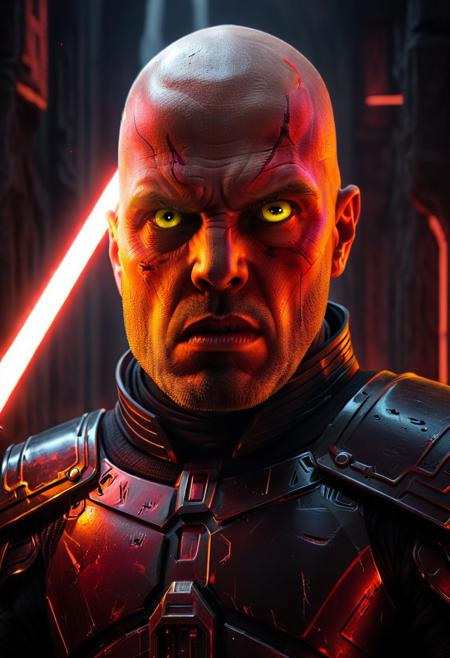 score_9, score_8_up, score_7_up, score_6_up, score_5_up, score_4_up, (absurdres, best quality, masterpiece:1.4), illustration, photorealistic, cinematic lighting, dynamic angle, perfect composition, bald, menacing expression, glowing yellow eyes, dark armor, red lightsaber, ancient Sith ruins, shadowy atmosphere, crimson glow, power and authority, ominous