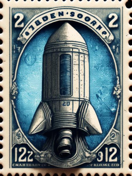 <lora:VintagePostageStamps:1>simple clean vintage 2 cent postage stamp of a rocket ship going to the moon, blue ink, line engraving, intaglio