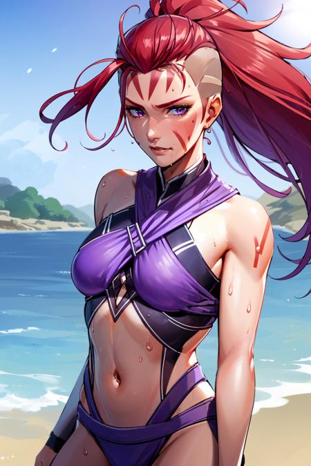 <lora:Dota2AntimageWei:0.8>Antimage_Wei, 1girl, single_thighhigh, beach, (purple bikini:1.3), navel,(sweating:1.2),sun, water, long_hair, solo, close up, red hair