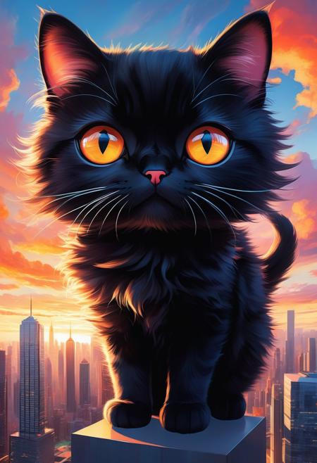 A captivating illustration masterpiece of a ((cute cat)) with (((huge))) ((oversized)) ((manga-style eyes)), feline is gazing very longingly into the camera lens. The cat's fluffy fur contrasts with its sleek black attire, and it sits on a transparent cloud, as if levitating above the ground. The background showcases a vibrant cityscape with towering skyscrapers and a dramatic sunset, creating a delightful mix of urban and whimsical elements, from above