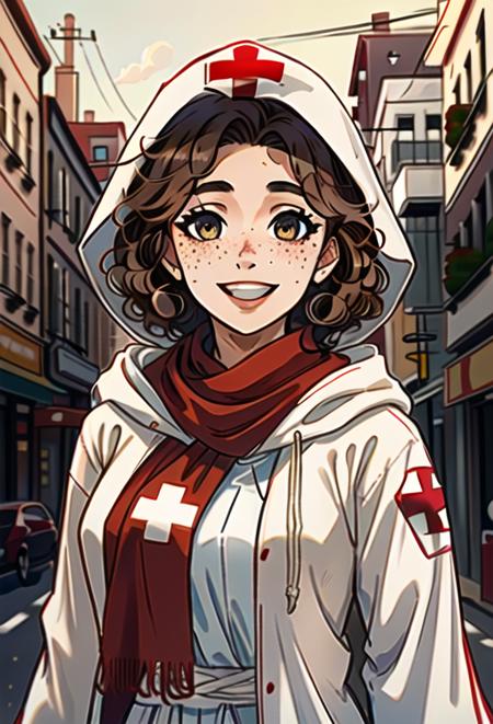 best quality, masterpiece, a sfw upper body picture of a girl with ((freckles)) and curly brown hair wearing a white robe with a large hood with a red cross on it and a white scarf, <lora:Amy:0.3>, overjoyed smile, city background