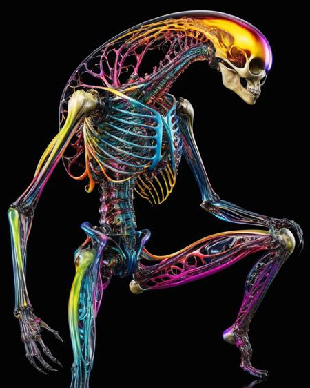 focus on alien non-anthropomorphic bioengineered creature, transparency:1.4, (detailed cybernetic implants fused with organic matter:0.5), full body, (with intensely vibrant swirling colors:1.9), realistic photo, black background, <lora:add-detail-xl:1.0> ,  <lora:artialien:1> artialien