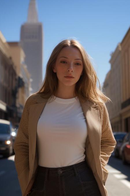 DEN_olga_kobzar,
walking down Hollywood boulevard, a busy street scene, public, bustling, crowds, wearing a skirt and blazer,
bokeh, f1.4, 40mm, photorealistic, raw, 8k, textured skin, skin pores, intricate details  <lora:epi_noiseoffset2:1>, epiCRealism, <lora:ClothingAdjuster3:-1.0>