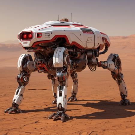 A highly detailed, futuristic quadruped robot named AMEE from the science fiction film Red Planet. AMEE has an agile, animal-like form, with four legs designed to traverse the rugged terrain of Mars. The robot's body is sleek, metallic, and armored, with an angular, streamlined design. AMEE's armor is detailed, and is painted in bright red and yellow colors, its arms are bright yellow, and its body is bright red. On its head are glowing red sensors resembling eyes, giving it an alert and intense appearance. AMEE has visible joints and mechanical components, showing a combination of advanced robotics and weaponry. The setting is the interior of the spacecraft that appeared in the film.