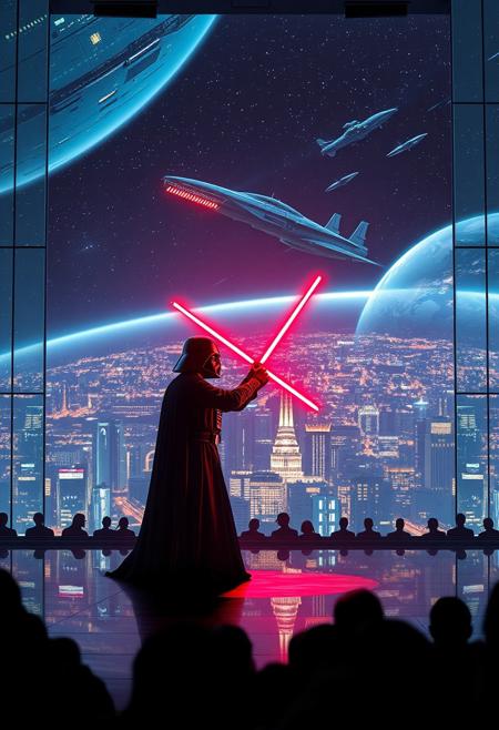 immaculately detailed realistic ultra quality image focused on Darth Vader (Star Wars) and Luke Skywalker engaged in a lightsaber duel on a futuristic stage micro-LED lighted, behind the dancer on the stage is an enormous seamless and futuristic wall to wall and floor to ceiling window that looks out at a the planet's surface covered with the lights of enormous buildings and cities, An enormous deco starship with futuristic lighting and an enormous space station are visible in the background among the stars, Artistic art deco, dynamic perspective, (((overall architectural aesthetic is Art Deco Cyberpunk))).  Epic image that elicits a feeling of romanticism, wonder, and awe, the silhouette of the audience can be seen in the foreground that show the enormous scale of the stage and seamless window behind it,