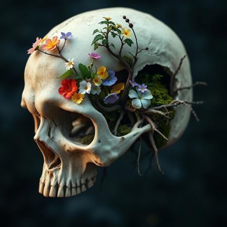 Surreal Photo of a skull looking towards the bottom left of the picture, the skull has with a big hole on his right side, inside the skull there are beautiful flowers, moss and trees, there are trees roots coming out of the skull holes and nose, moss on the skull, skulls bones is detailed and old skull texture, masterpiece, 8k . The photo  has been stylized with a 250% amplification to emphasize the intricate details of the oceanic scene., photo, cinematic atmosphere, RAW photo shot by dslr Fujifilm XT3, depth of field, bokeh, soft lighting, film grain, Lifelike full sharp