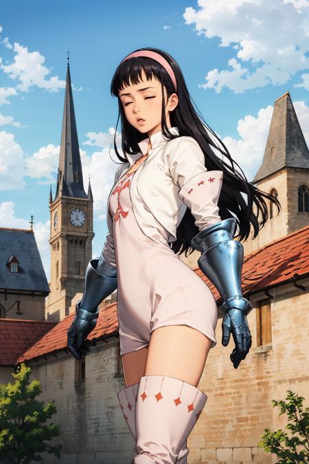 masterpiece, best quality,  <lora:guila-nvwls-v1-000009:0.9> guila, closed eyes, hairband, cropped jacket, white jacket, white dress, short dress, gauntlets, thigh boots, :o, furrowed brow, looking at viewer, sky, medieval architecture, arms at sides