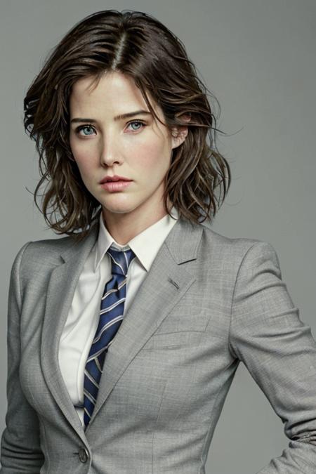 Cobie Smulders, woman, wearing suit and tie, elegant, serious look, unsmiling, photorealistic, realistic