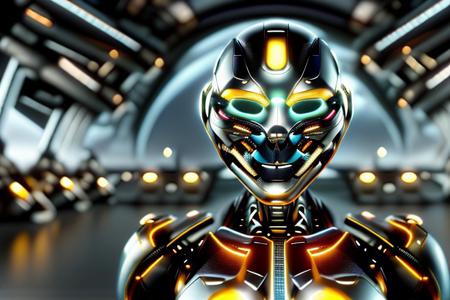 masterpiece, awesome quality, hyper detailed, ((DonMX3n0T3ch, futuristic, scifi, tech)), female robot,  <lora:DonMX3n0T3ch:1.5> cool, awesome