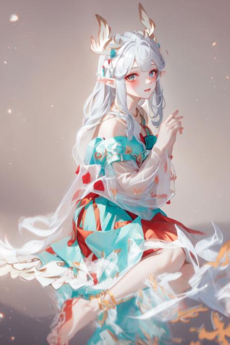 masterpiece, best quality,
solo,blush,
full body,
1gir,yaoyao,silver hair,dress,pointy ears,blue capelet,(white horns:1.2),bow,
sitting, looking at viewer,
white simple background, 
<lora:yaoyao_v0.4:1>