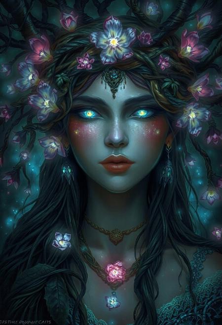 A magical forest princess crowned with woven vines and bioluminescent flowers, her eyes glowing with the wisdom of ancient spirits. Stylized naturalism with touches of Brian Froud, Alphonse Mucha, and Agnes Cecile.