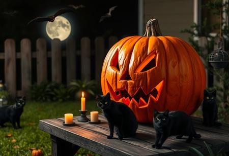 In a small yard on Halloween, there is a big, bright orange pumpkin sitting on a wooden table. Carved with a spooky face, its jagged teeth and triangular eyes seem to be glowing in the dim moonlight. Beside the pumpkin, there are some small candles, their flames flickering gently. There are also black cats prowling around the table, their green eyes staring at the pumpkin as if they are guarding this Halloween symbol. A few bats are flying overhead, their wings flapping silently.
