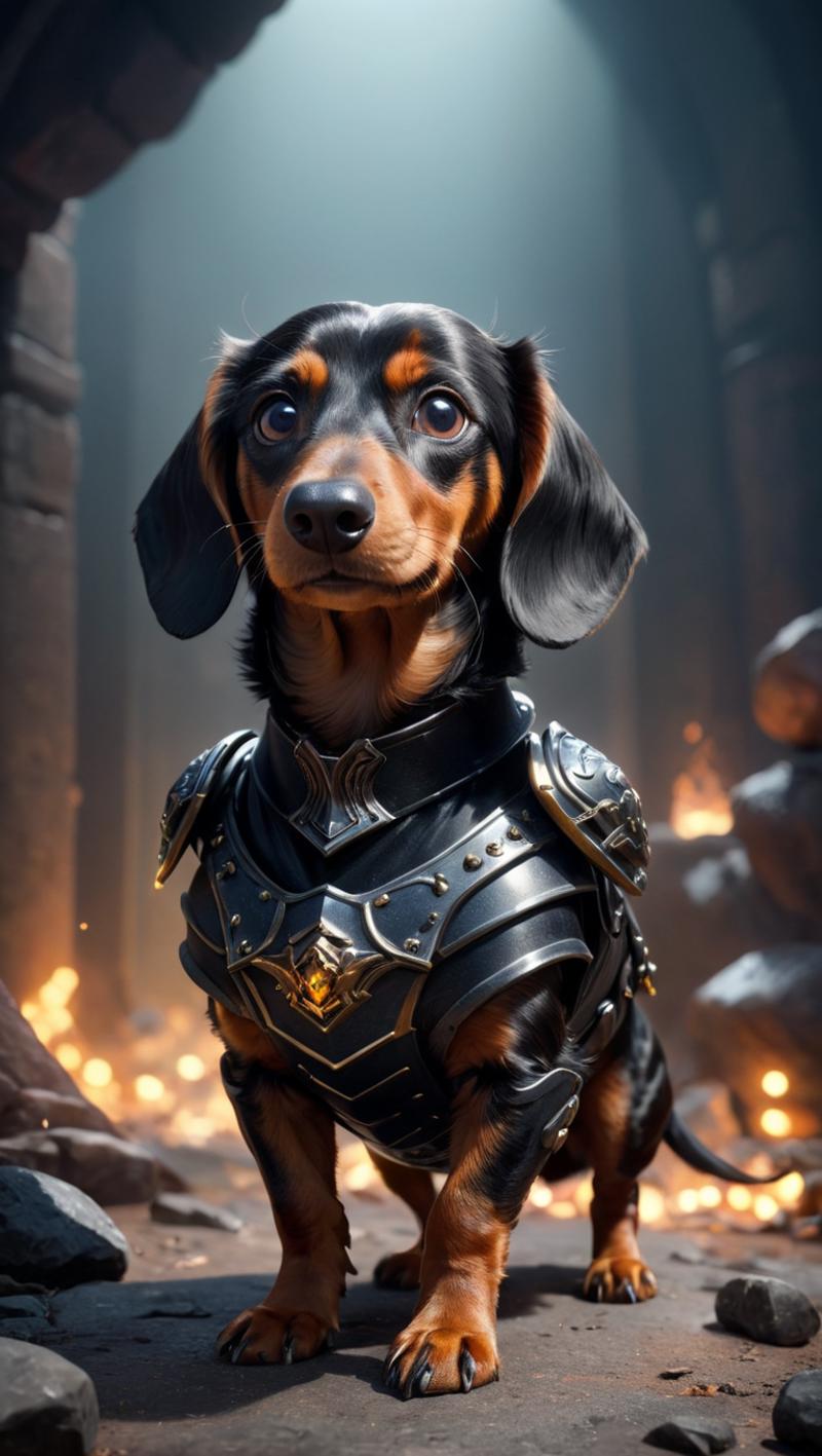 Dressed-up dachshund in armor standing in a dark cave.