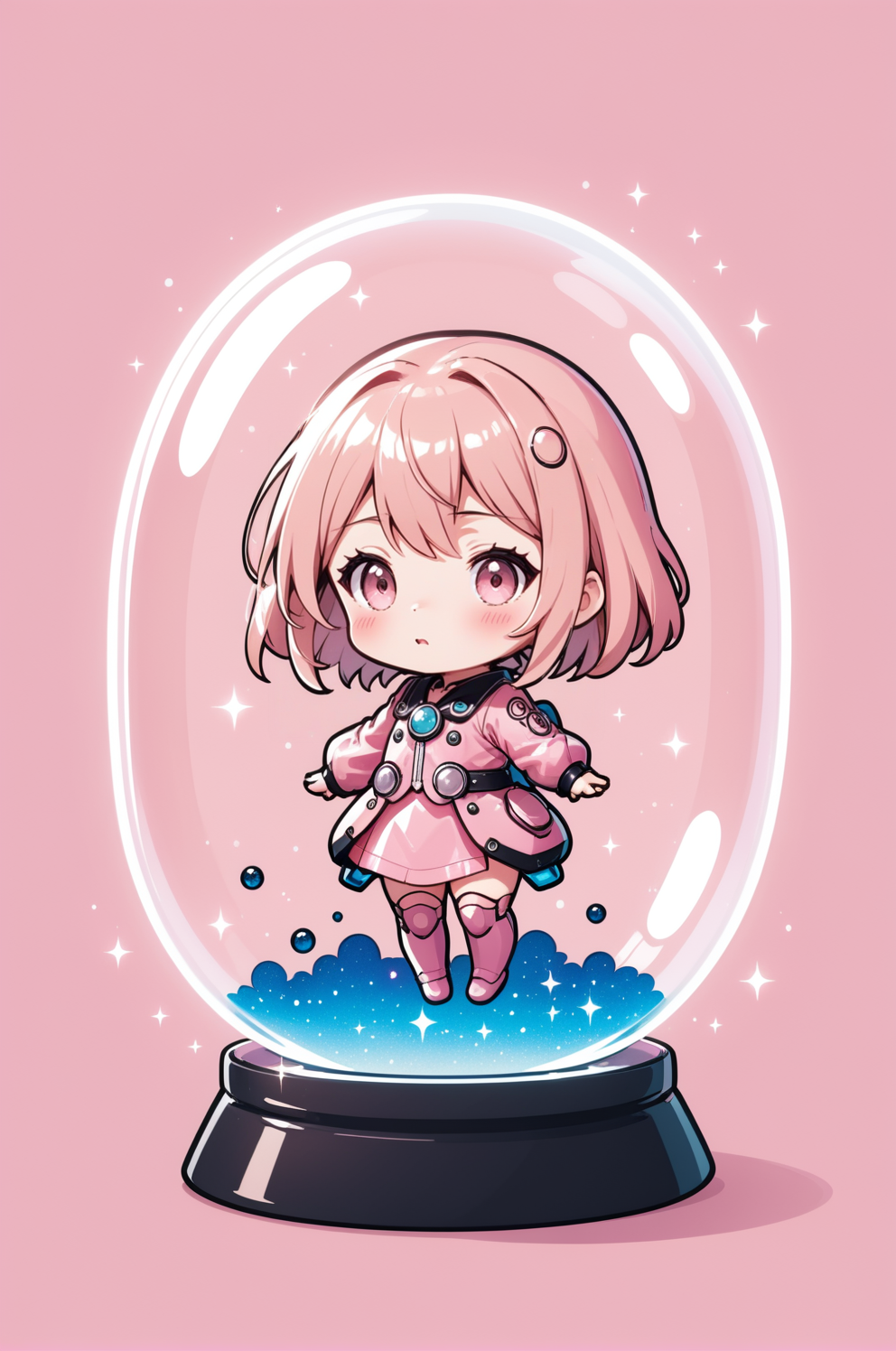 tiny chibi character inside a bubble, sparkle, flat color, pink background, anime