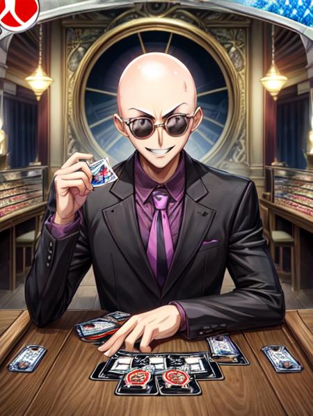 best quality, masterpiece, highres, detailed, perfect anatomy,  <lora:Detail - add_detail:0.2>,  <lora:Character - MasanoriV:0.8>, suit, jacket, necktie, purple necktie, sunglasses, graveyard, evil smile, bald, card shop, TCG, table, playing yugioh, playing card game, excited,